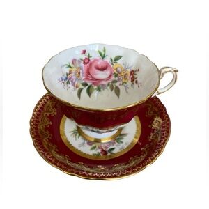 Vintage PARAGON Footed Tea Cup And Saucer Burgundy and gold Pink Cabbage Rose